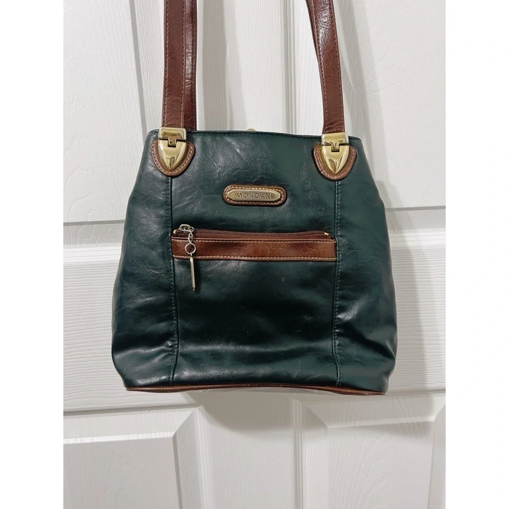 Mondani Vintage Style Purse in Forest Green and Cognac Brown